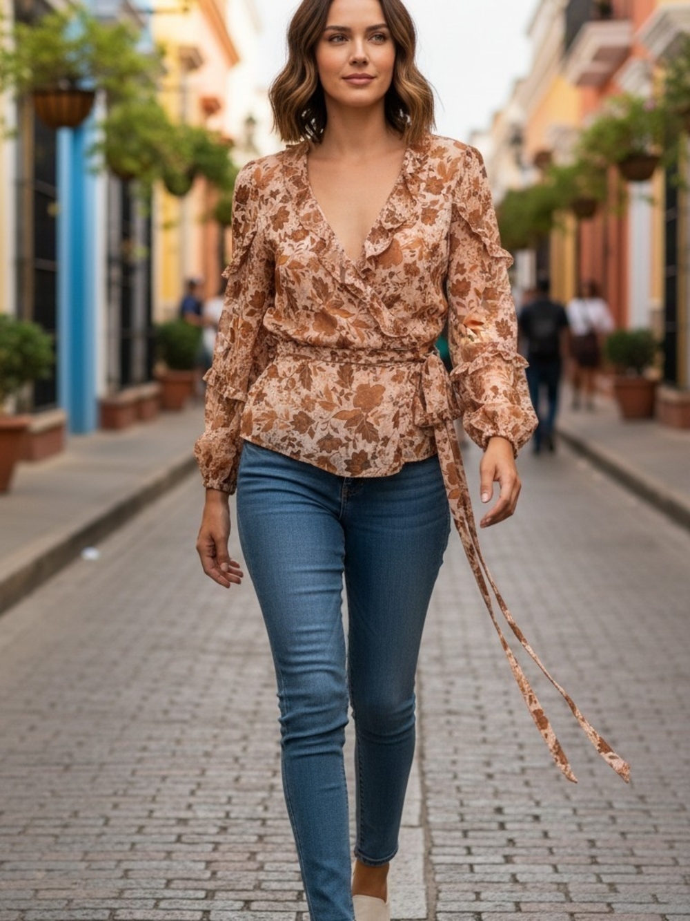 CeCe Brown Floral Wrap Tie-Waist Blouse V Neck Flowy Size S